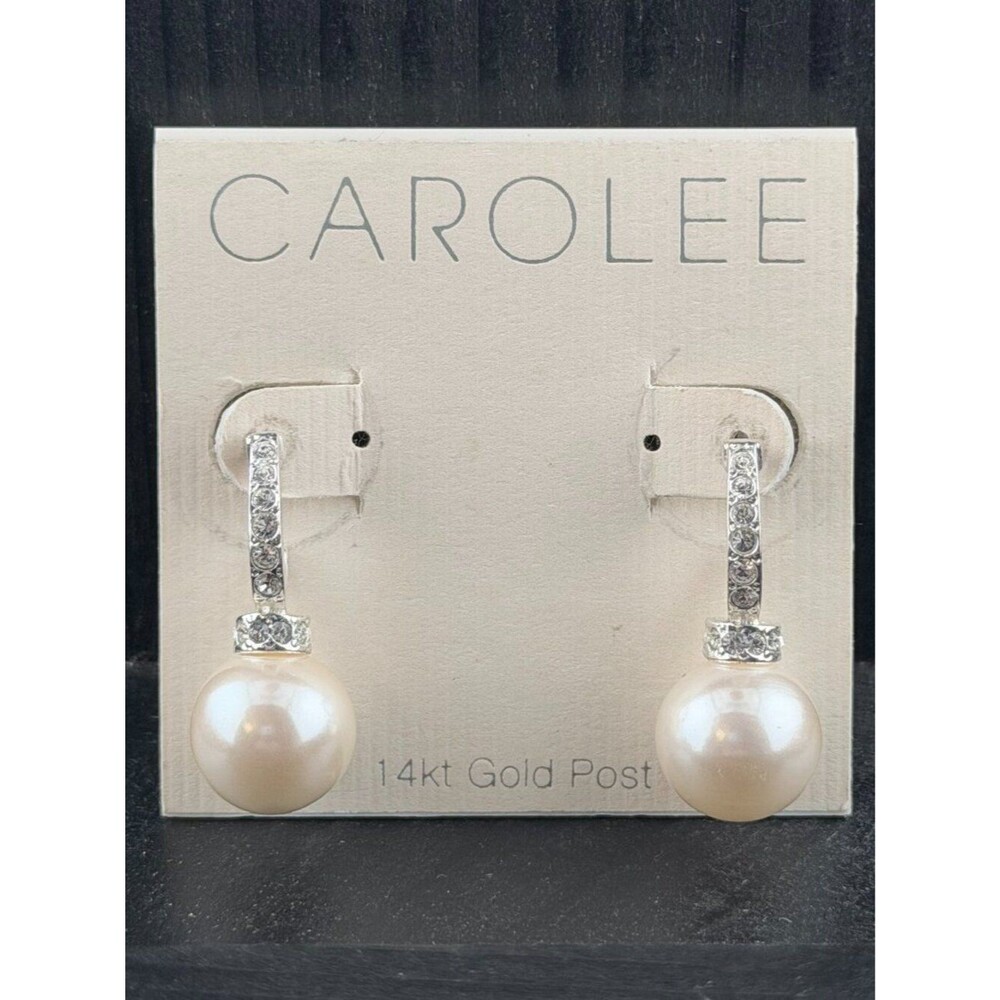 Vintage Carolee Faux Pearl & Crystal Drop Earrings - 14kt Gold Post